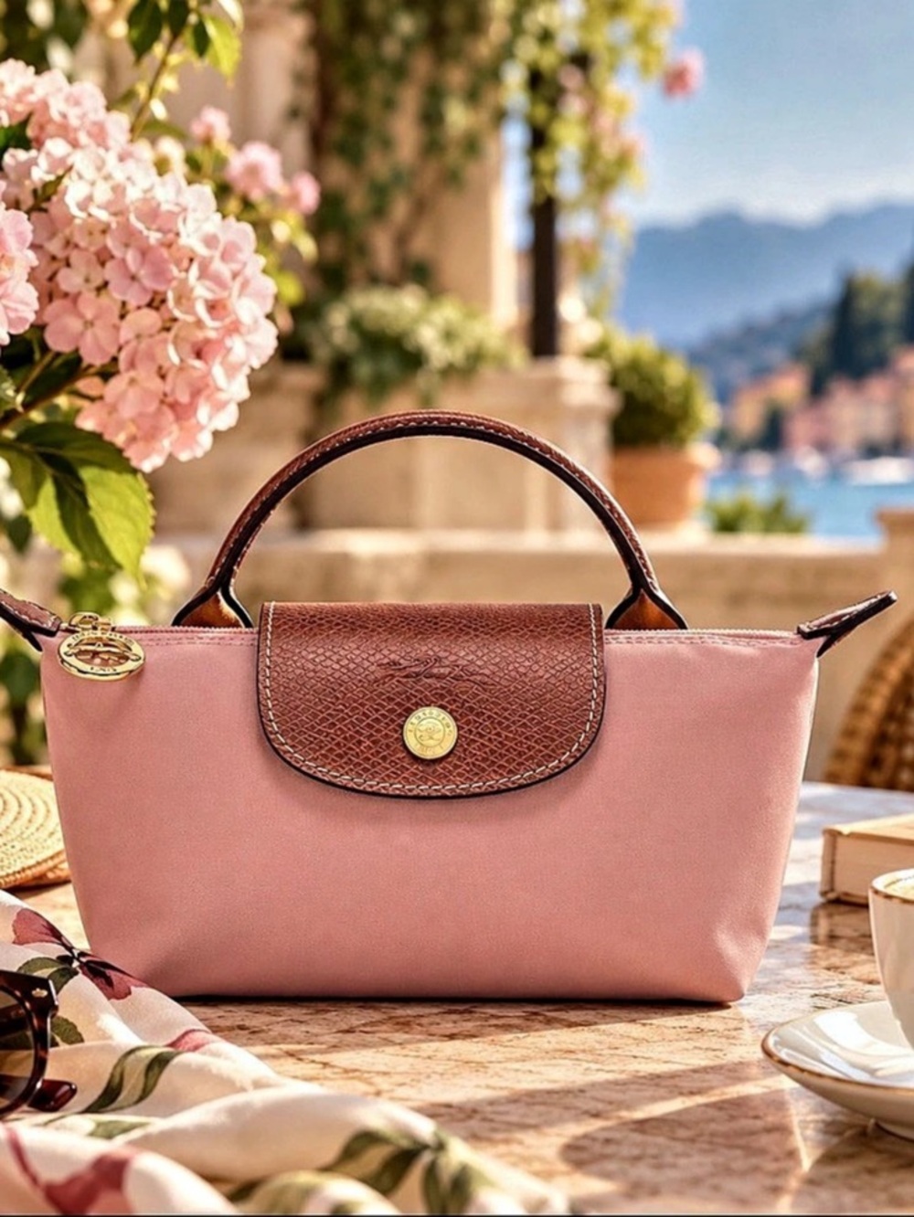 Longchamp Original Pouch with Handle Pink & Brown Tote